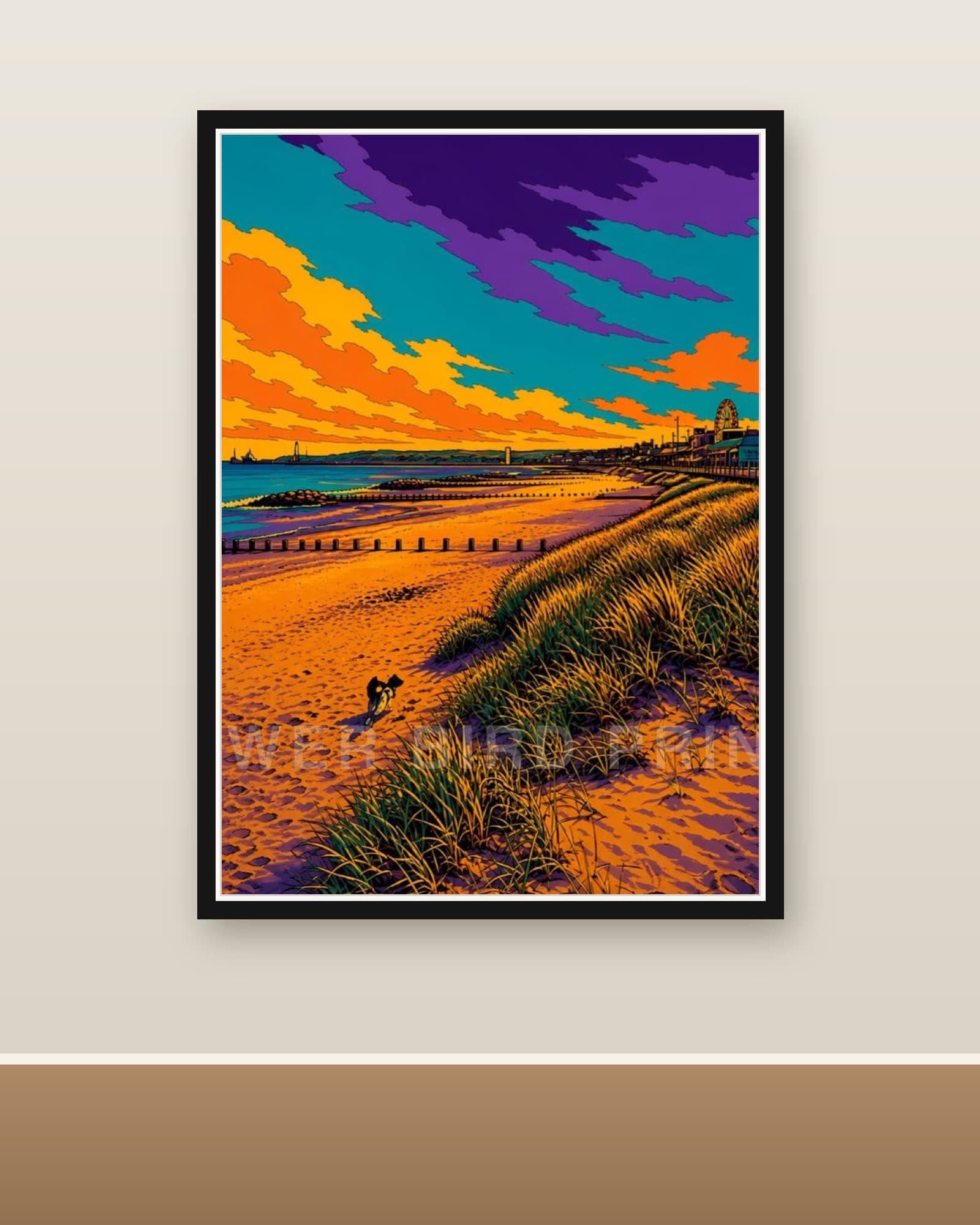 Aberdeen Beach Aberdeen graphic art print in violet, orange and teal, framed on a wall