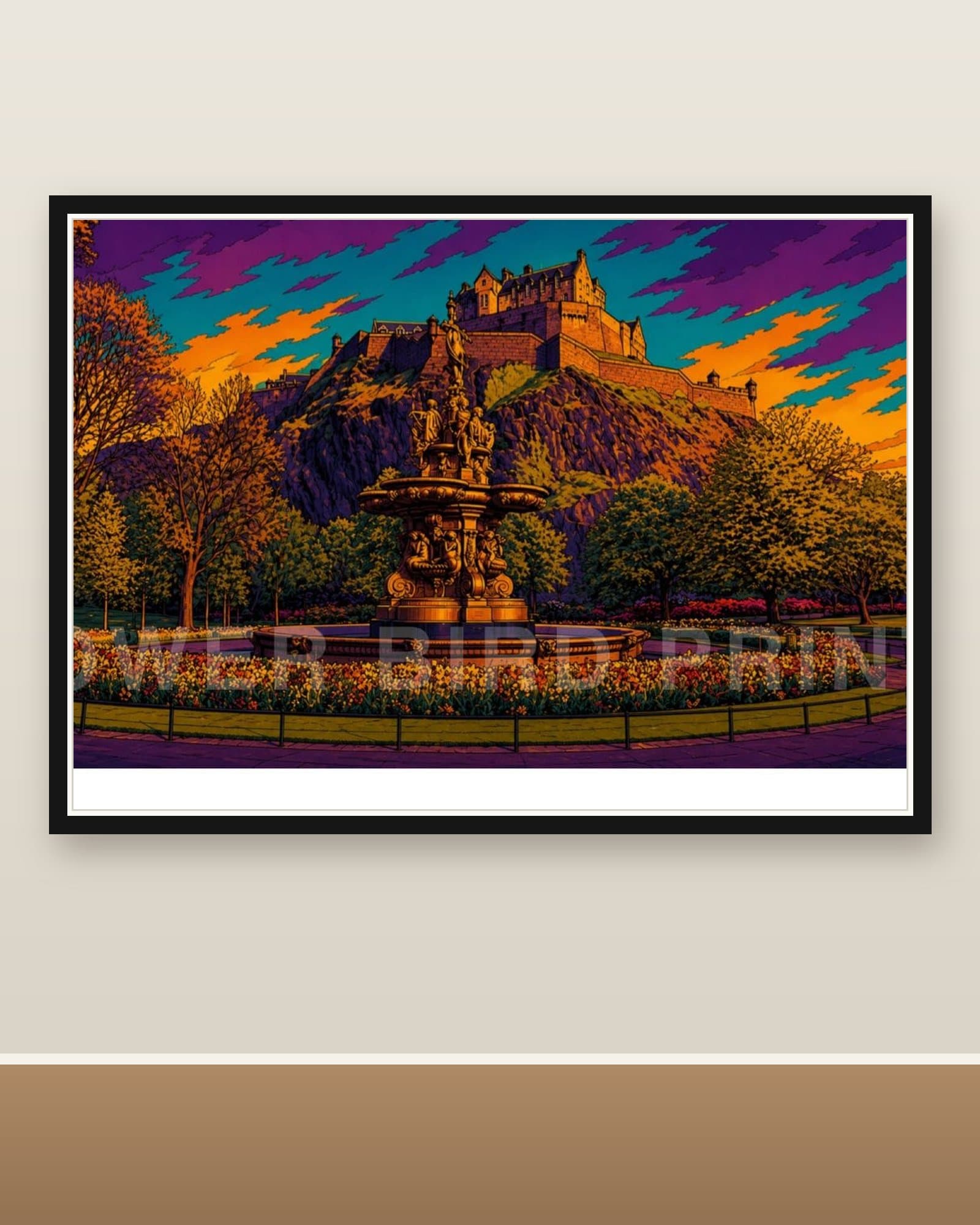 Edinburgh Castle Edinburgh graphic art print in violet, orange and teal