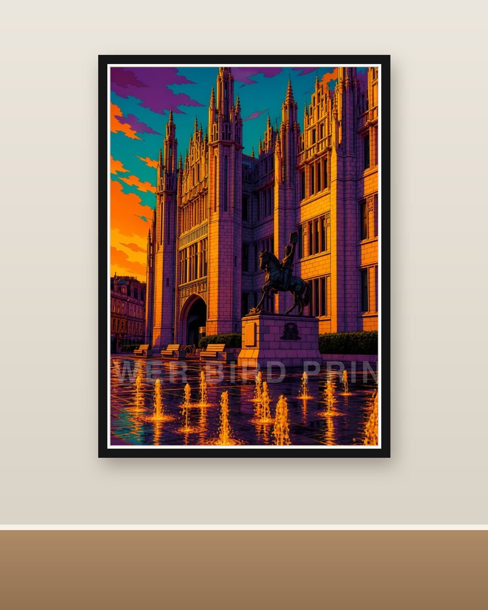 Marischal College Aberdeen graphic art print in violet, orange and teal