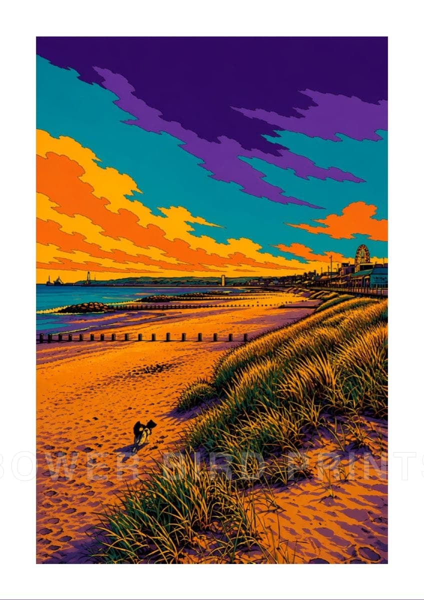 Aberdeen Beach Aberdeen graphic art print in violet, orange and teal