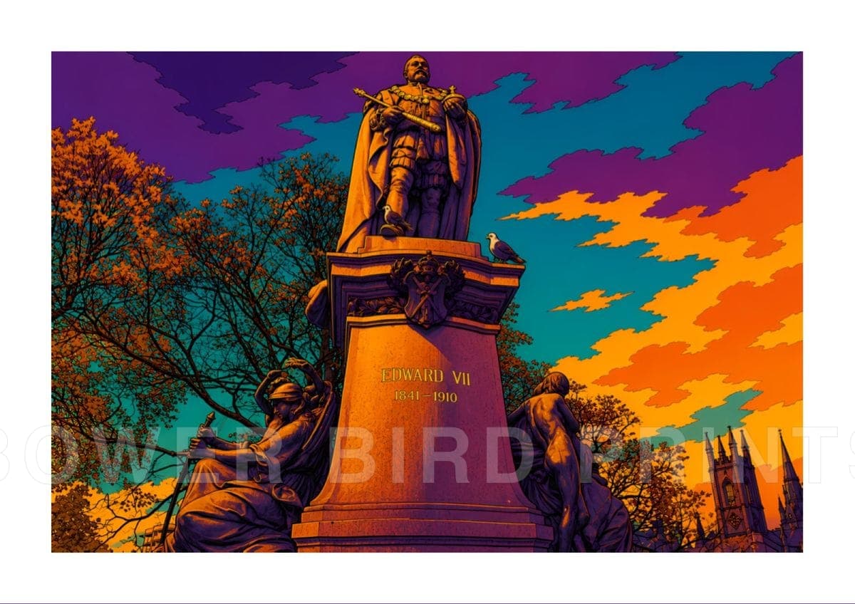 Edward VII Statue Aberdeen graphic art print in violet, orange and teal