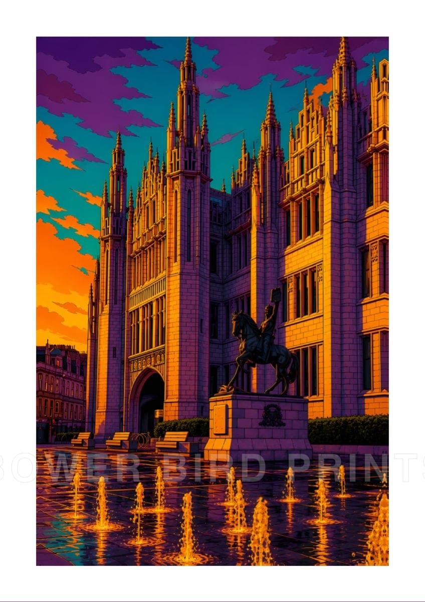 Marischal College Aberdeen graphic art print in violet, orange and teal
